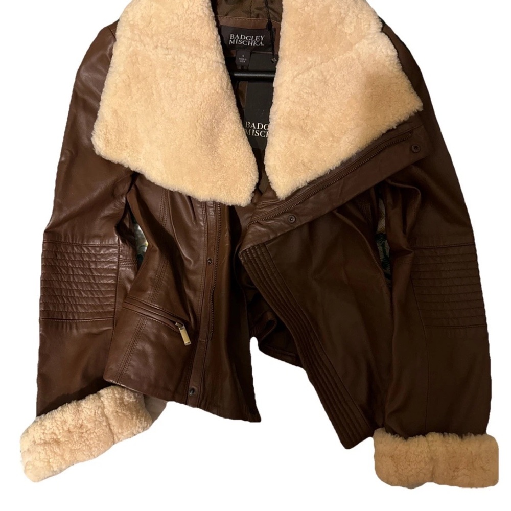 Badgley Mischka brand new Brown Leather Jacket with genuine Lamb Collar